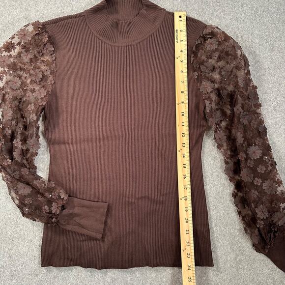 Cato Brown Ribbed Mock Neck Embellished Flower Blouse Women's XL Puff Sleeve - Picture 5 of 9
